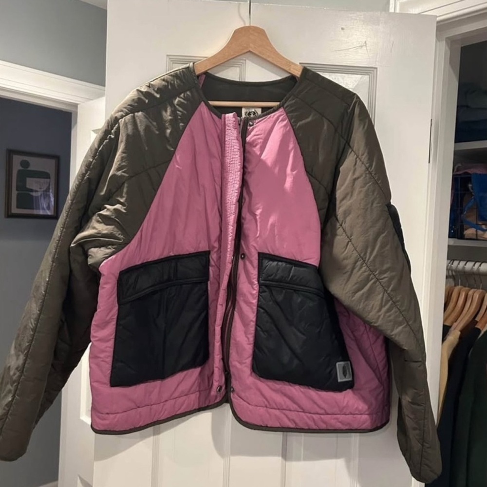 Fp Movement By Free People Pink Green W Black Pockets Bomber Jacket Lrg Euc View 2